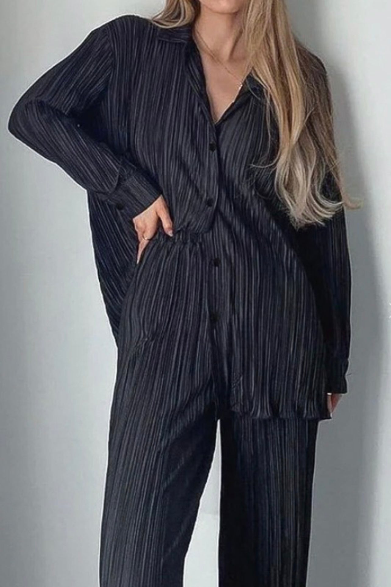 Pleated Slinky Draping Loose Blouse and Trouser SET